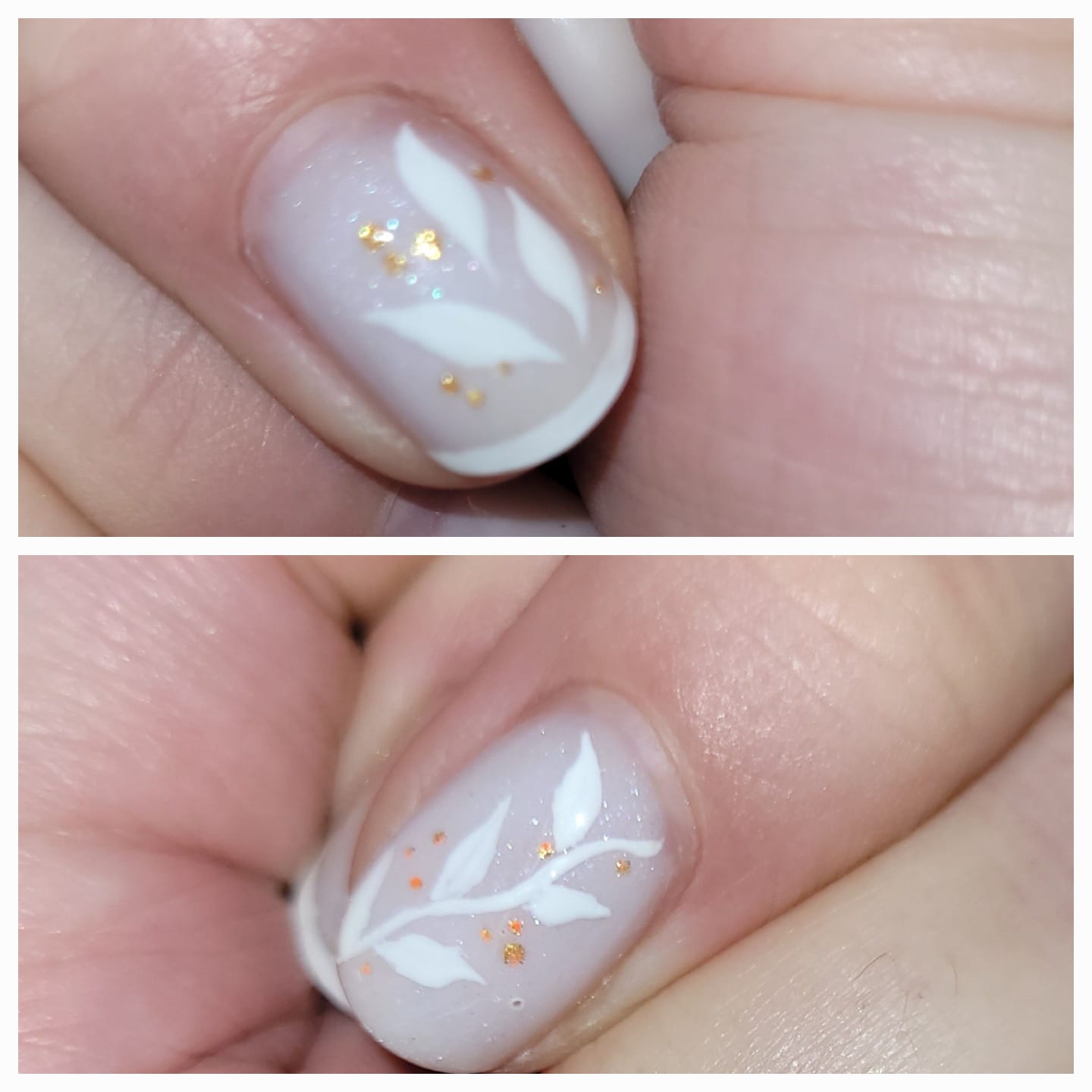 Nail-art floral sur rubber base blanc laiteux pailleté finition french-manucure et points dorés