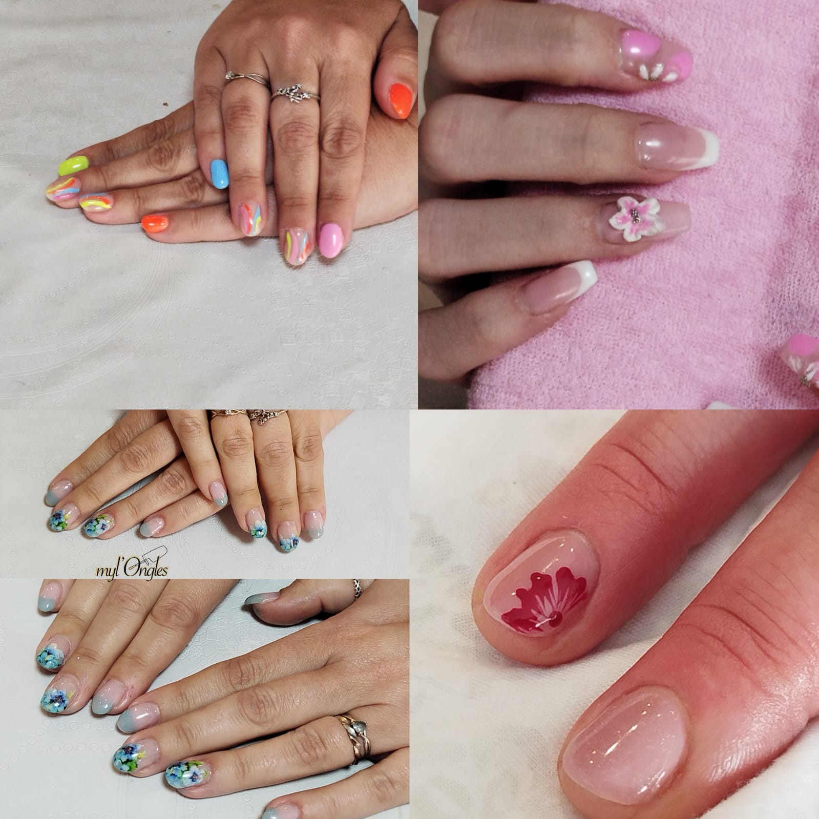 Pose vernis avec nail art fait à la main, fleur en plastiline, spider gel