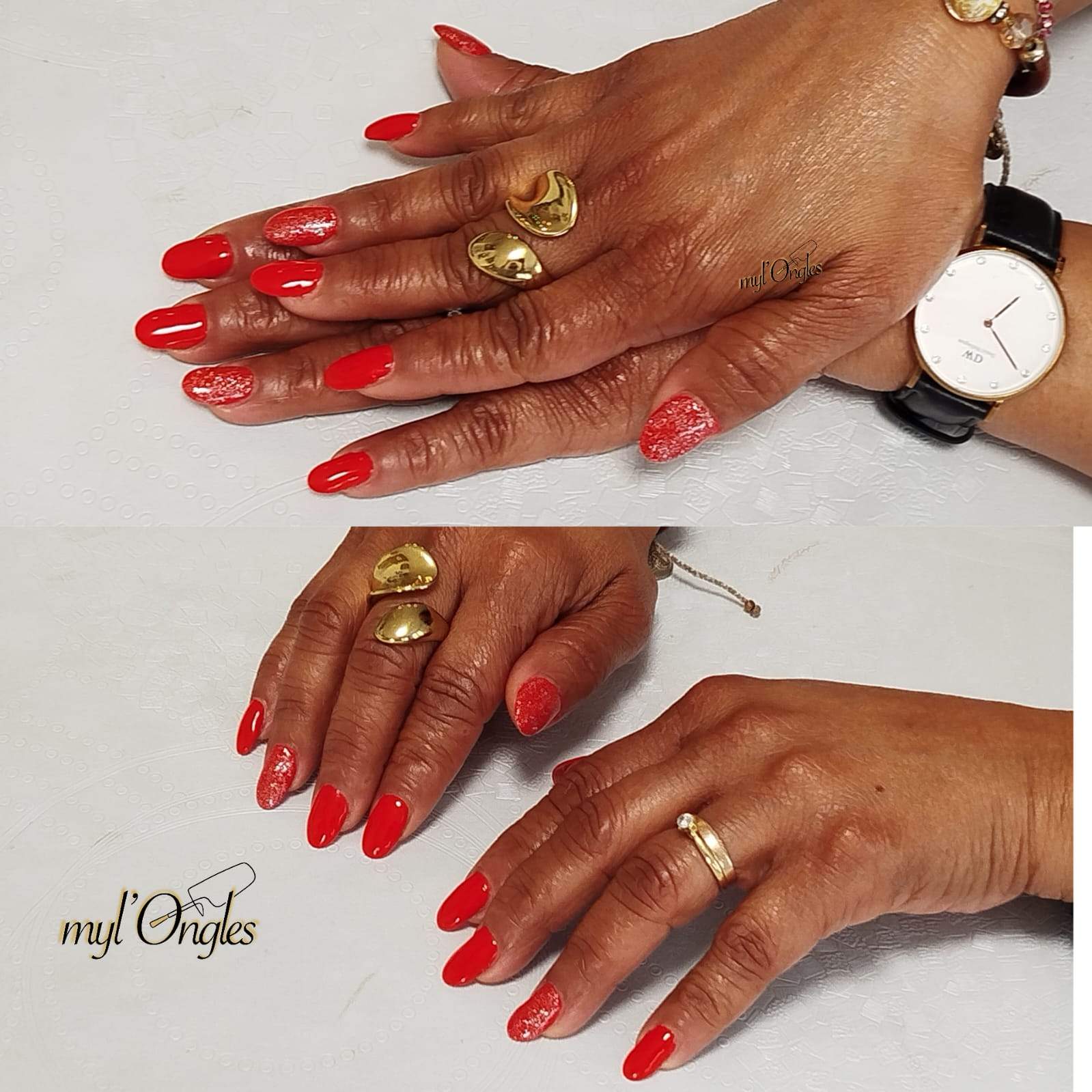 Manucure élégante au vernis semi-permanent rouge avec finition pailletée