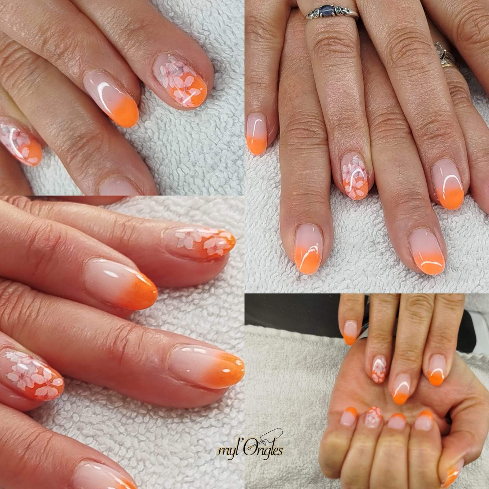 Ongles tendance été avec baby-color orange et motifs floraux sur gummy base