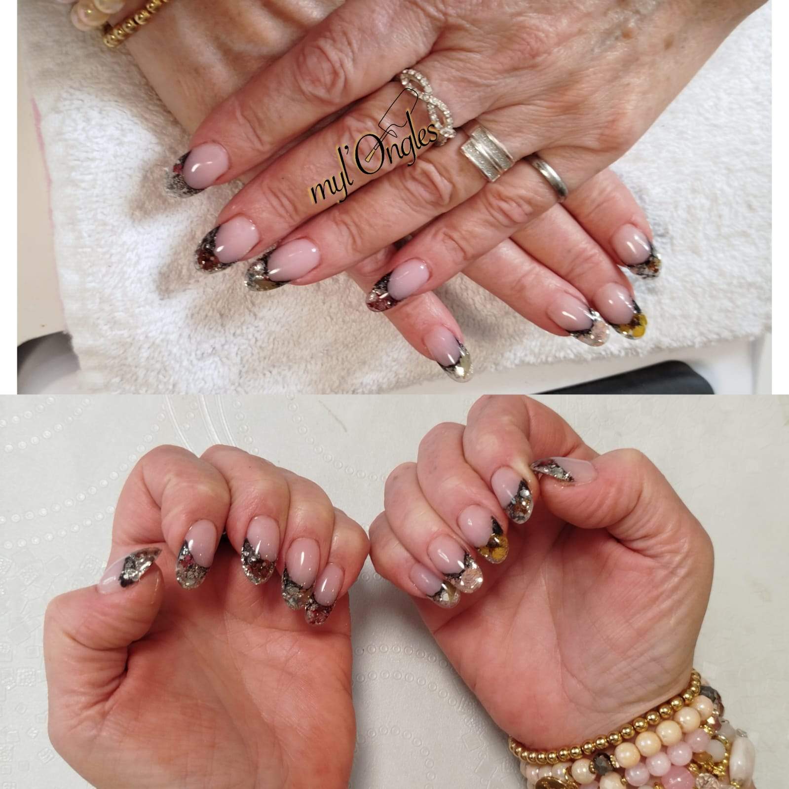 Rallongement ongles en gel sur chablons en french reverse avec incrustations fleurs