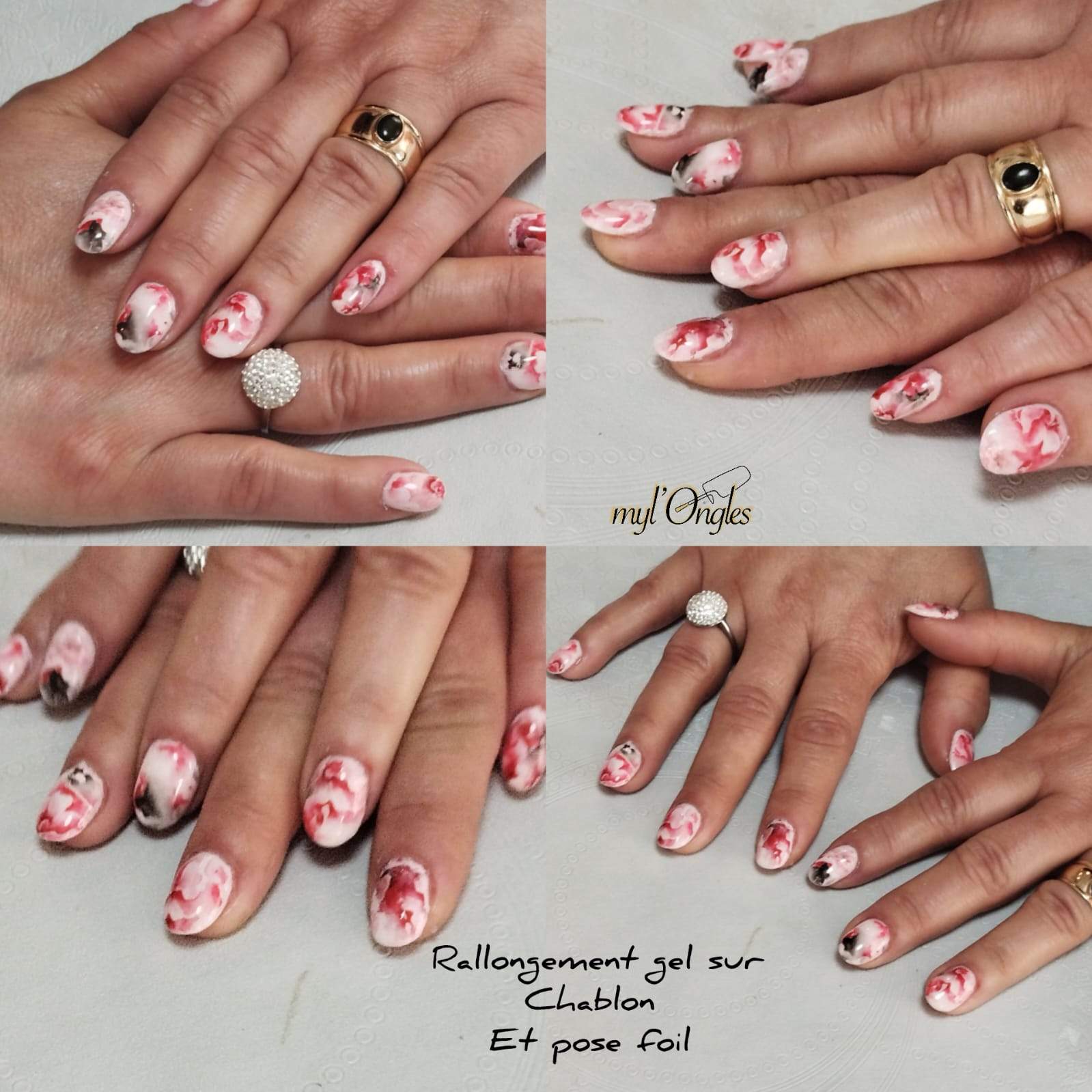 Rallongement ongles en gel sur chablon finition rouge et noir effet marbré en foils