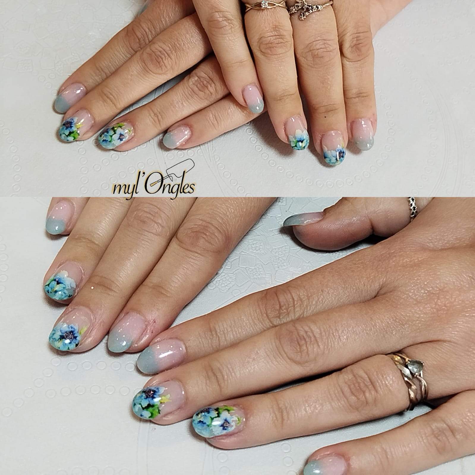 Vernis semi-permanent renforcé tendance été avec baby-color bleu et motifs floraux en foils