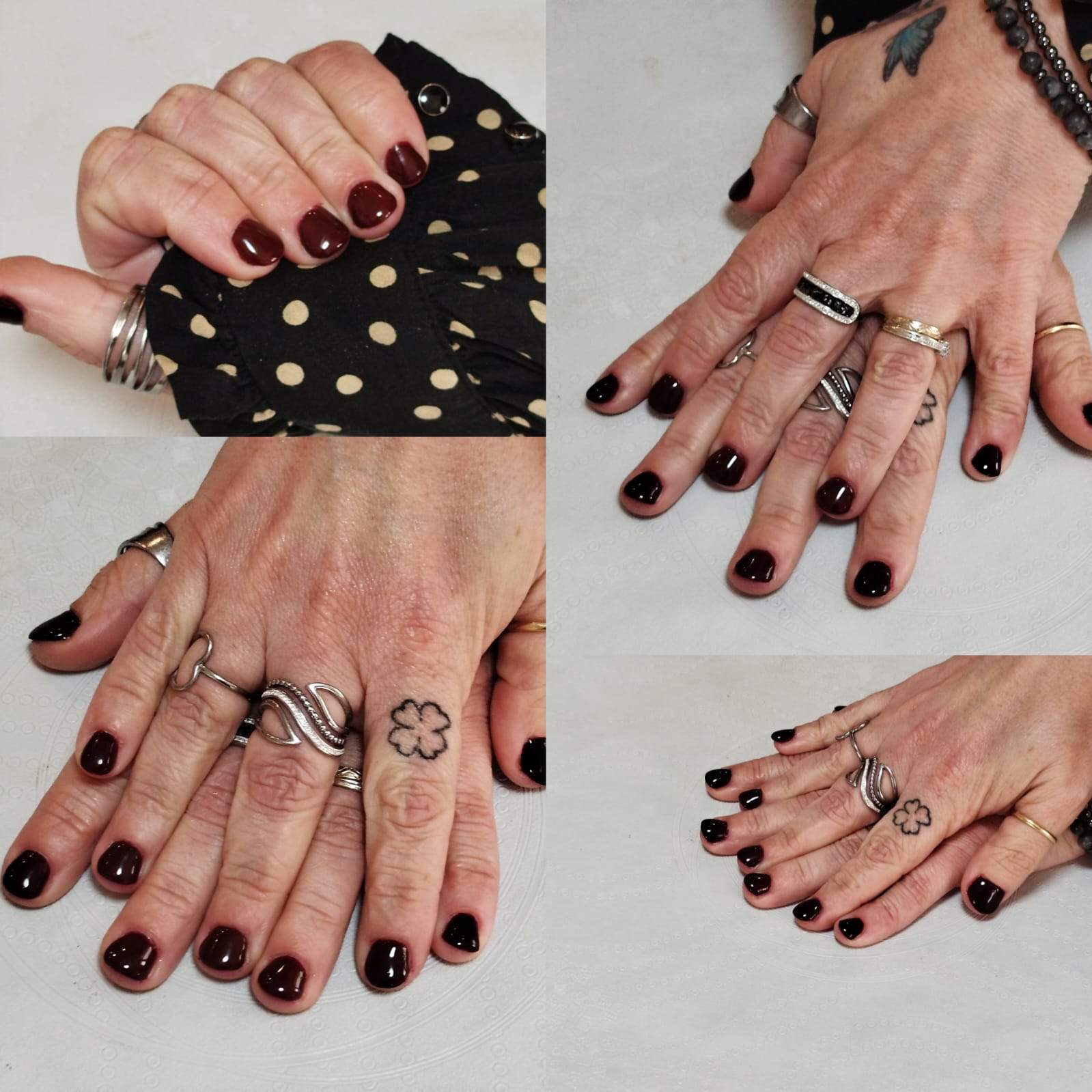 Pose de vernis renforcé avec gel color sur ongles courts couleur aubergine chic