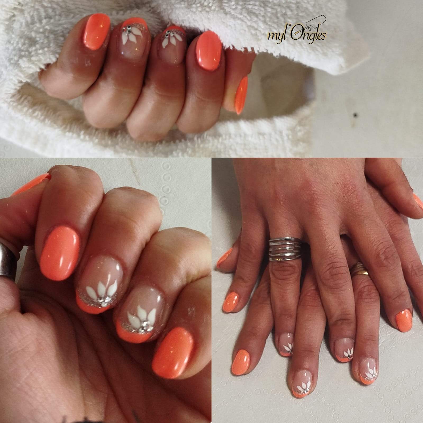 Manucure pétillante pour l'été finition fench orange avec nail art et strass