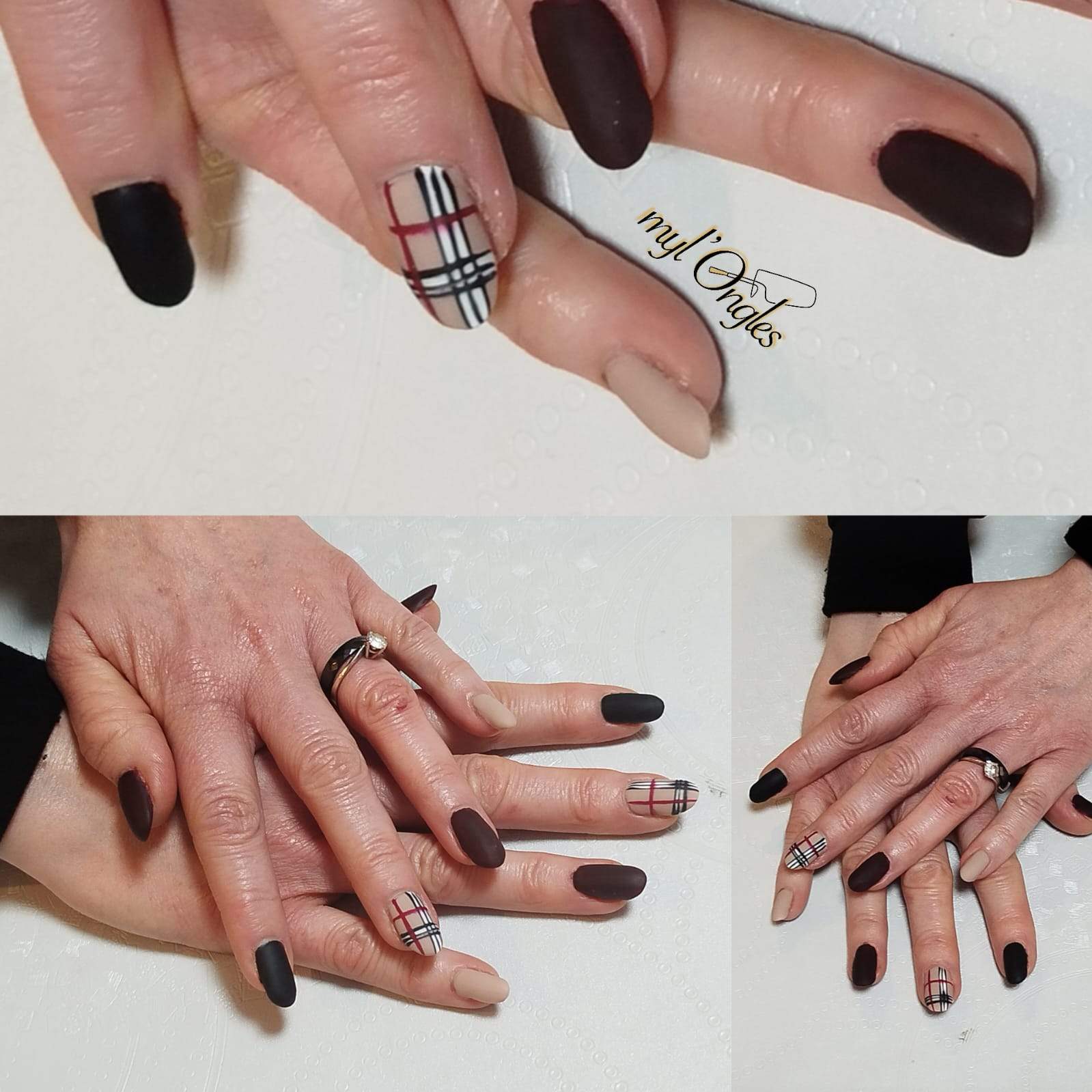 Rallongement ongles en gel UV avec vernis marron et nail art écossais assorti finition mate