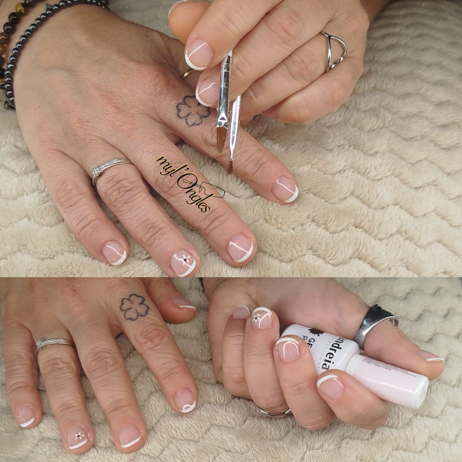 Pose de vernis semi-permanent renforcé avec french manucure et nail-art sur ongles courts
