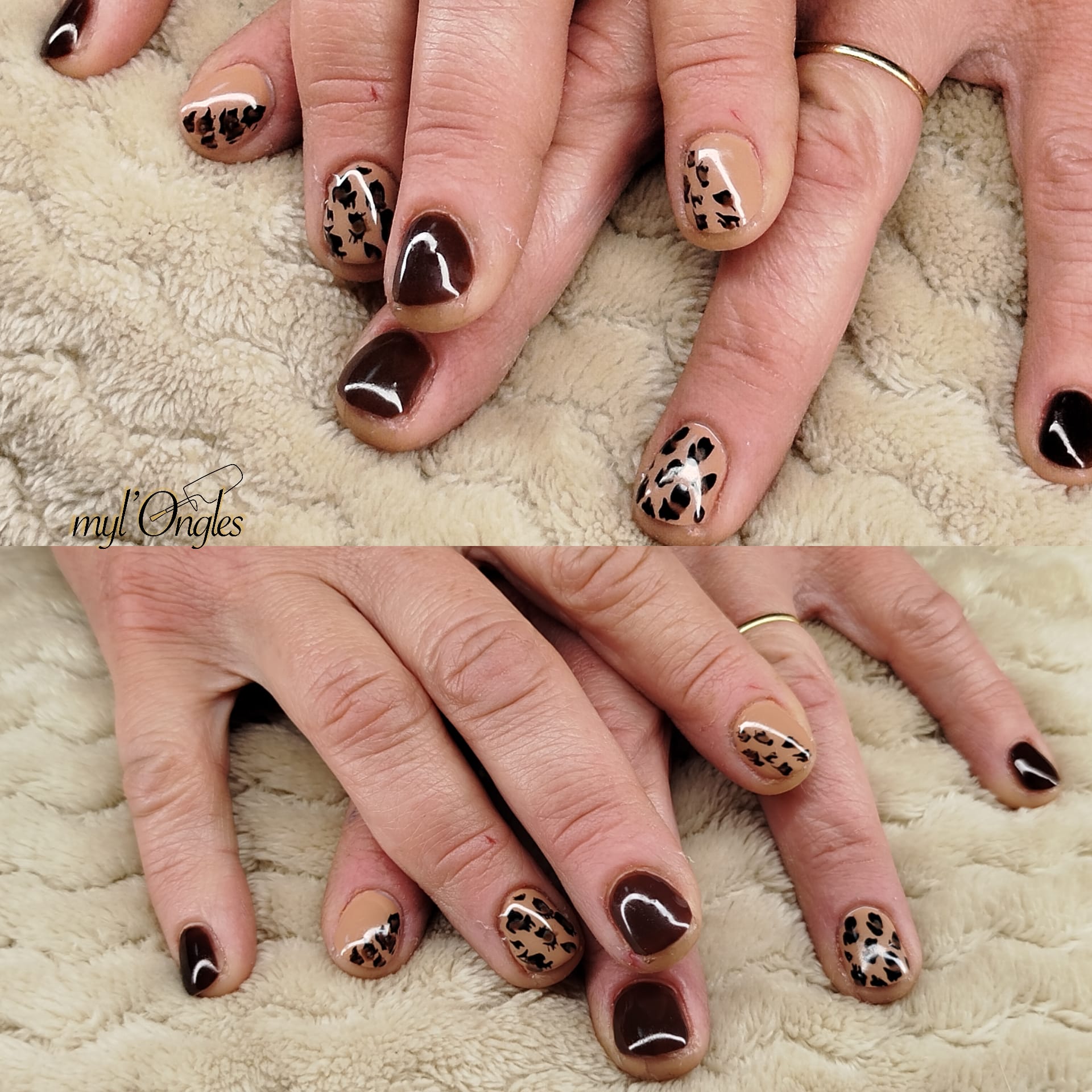 Vernis semi-permanent renforcé avec nail art panthère assorti sur ongles courts