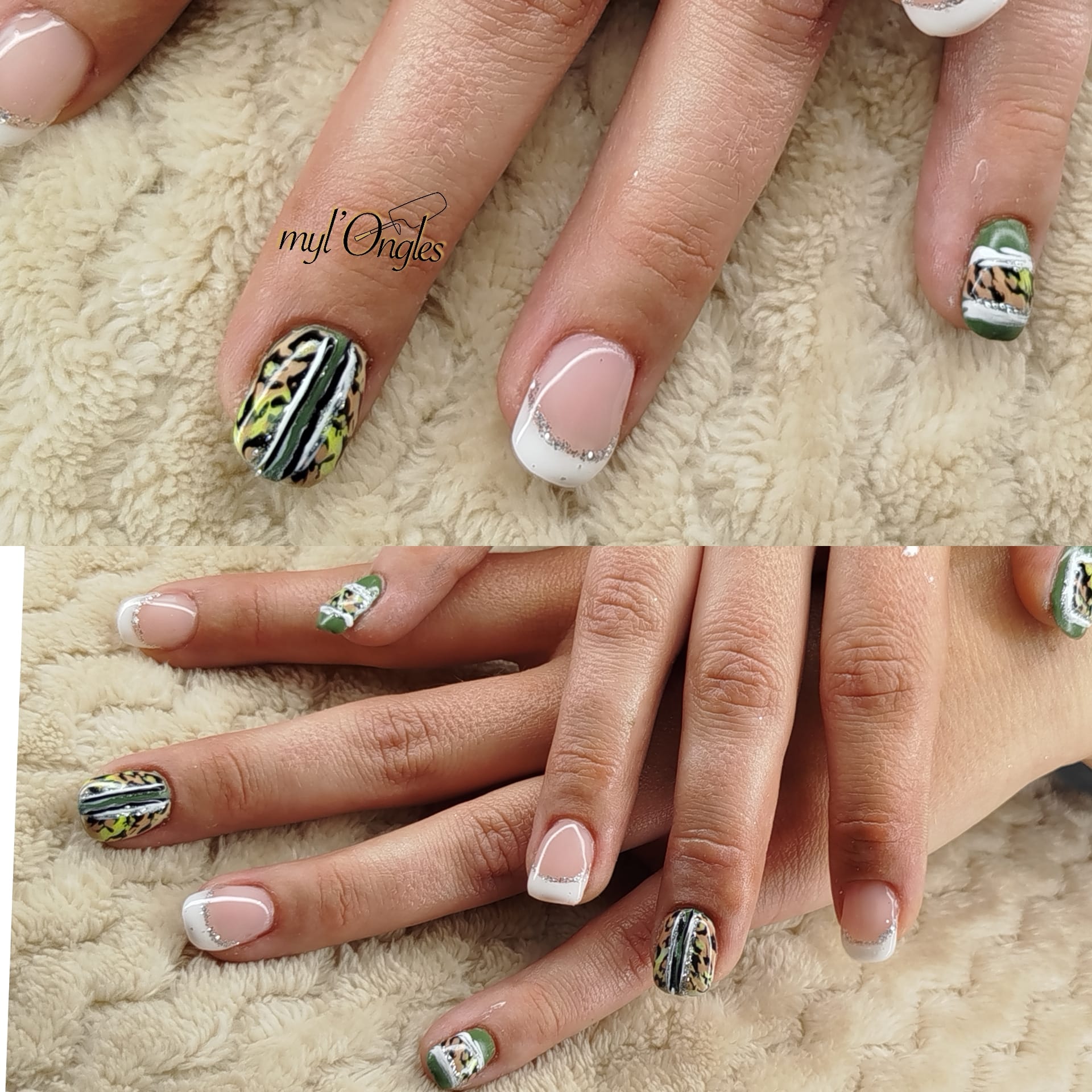 Rallongement gel sur chablons finition french argenté et nail art léopard