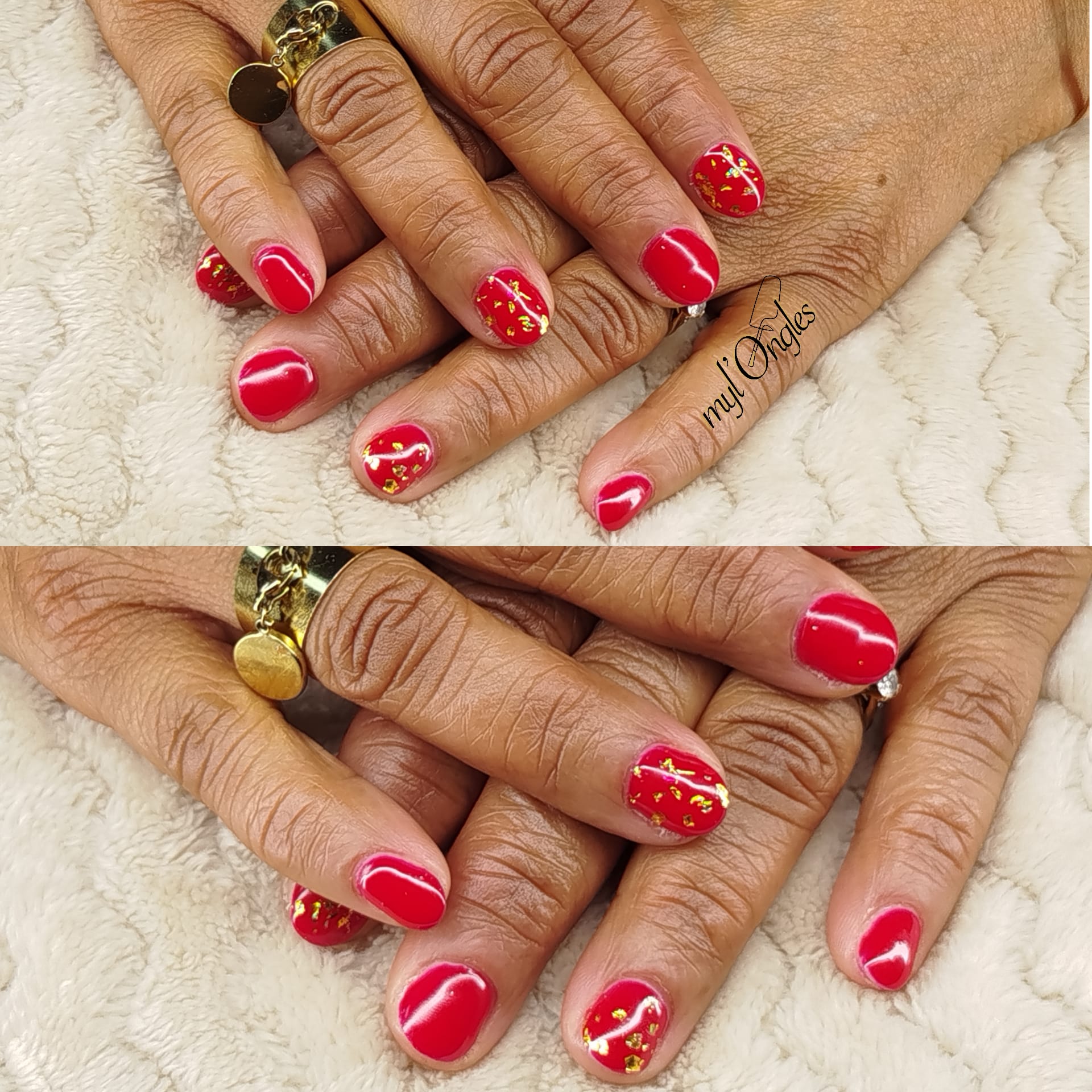 Manucure semi-permanente festive rouge avec paillettes d'or finition brillante
