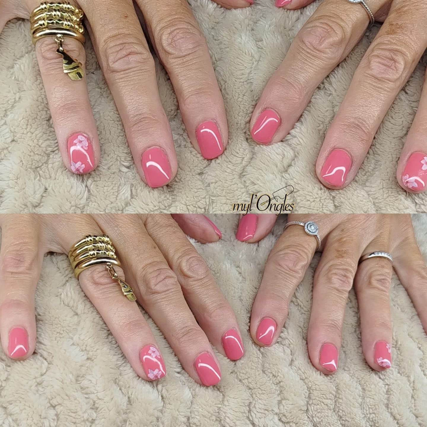 Vernis semi-permanent renforcé rose clair et motifs floraux