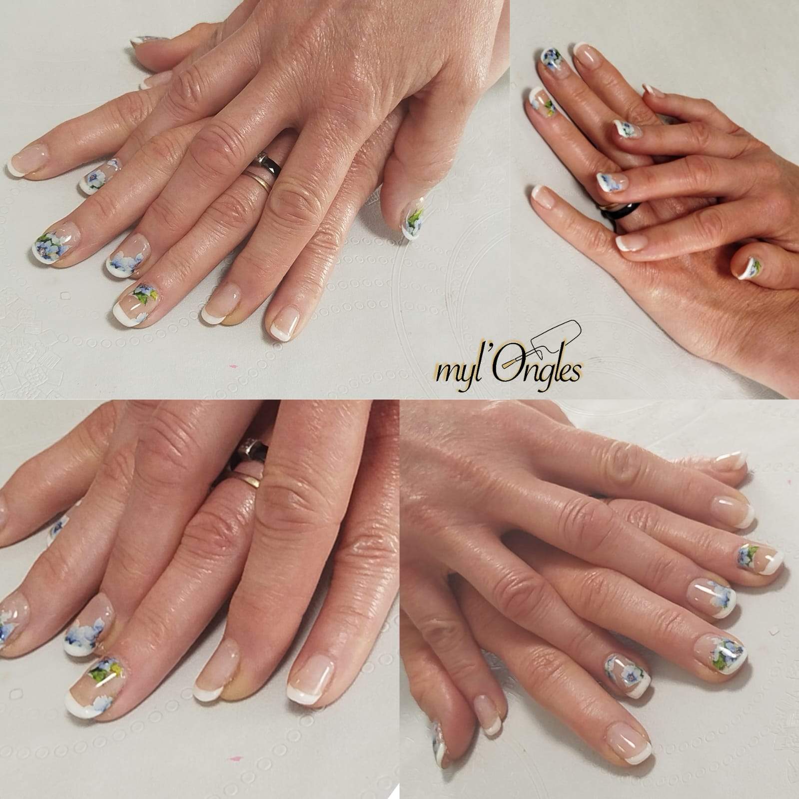 Rallongement ongles en gel avec finition french manucure et motifs floraux (foils)